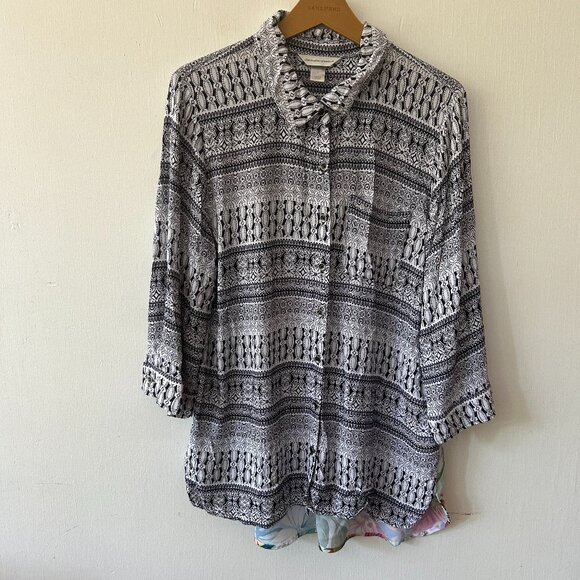 Christopher  & Banks Button Front Blouse Womens Large Mixed Material Collared - Picture 1 of 5